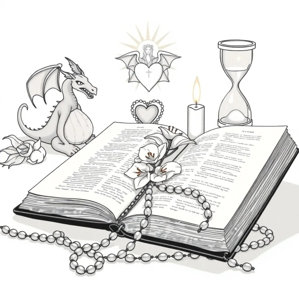 Rosario sobre una Biblia antigua en un altar de piedra