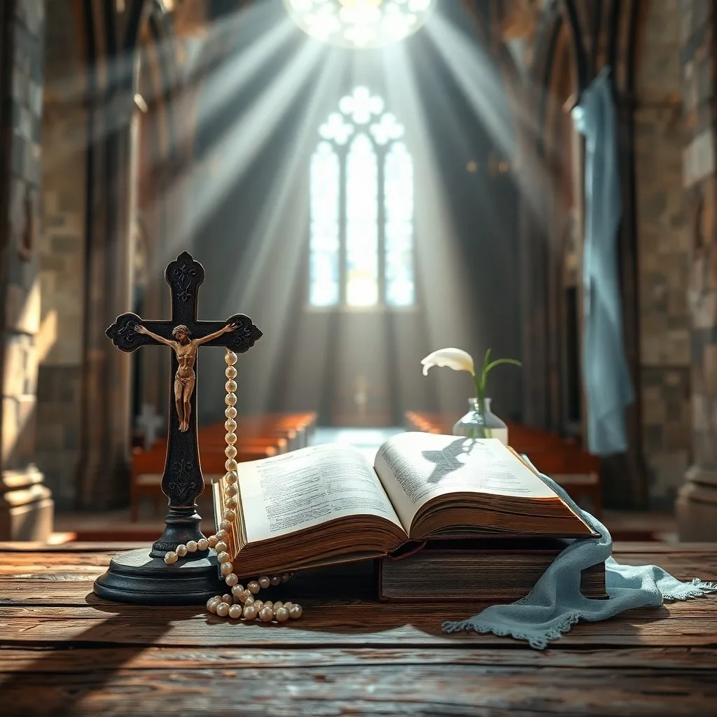 Un libro de oraciones antiguo y un rosario sobre una mesa de madera, simbolizando la fe y la devoción familiar.