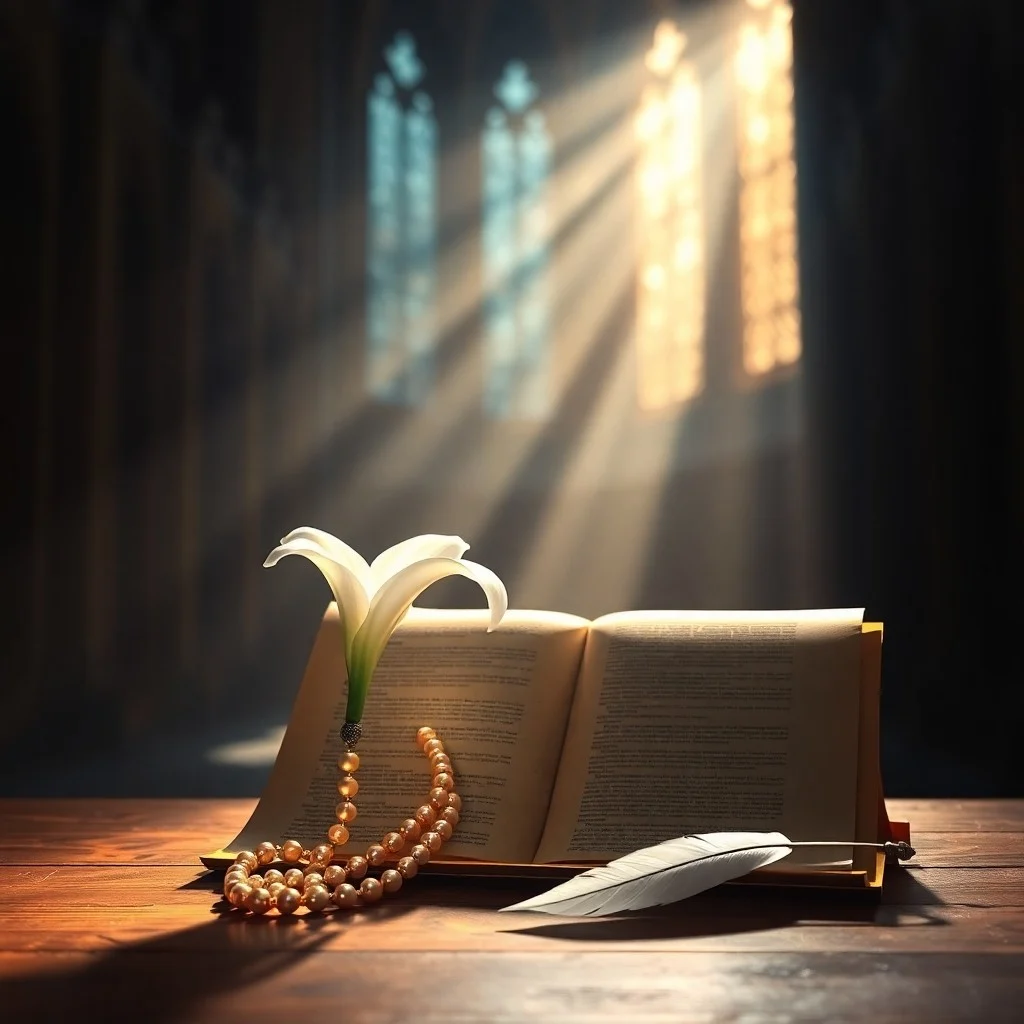 Fotografía macro de un rosario de madera antiguo sobre un libro abierto, iluminado por la luz de una vela.