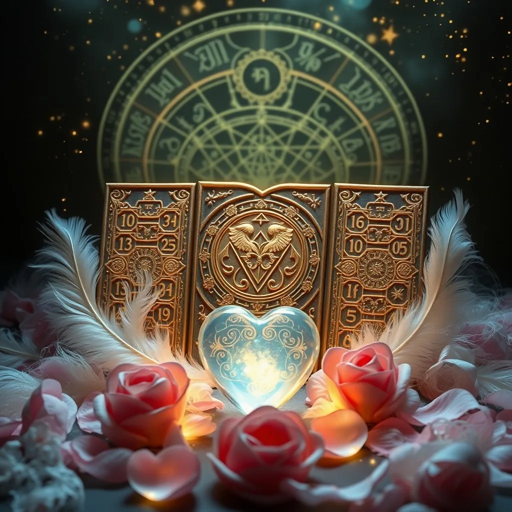 Antiguo pergamino con patrones numéricos y glifos angelicales, sobre cojín de terciopelo con cuarzo rosa. Luz cálida.