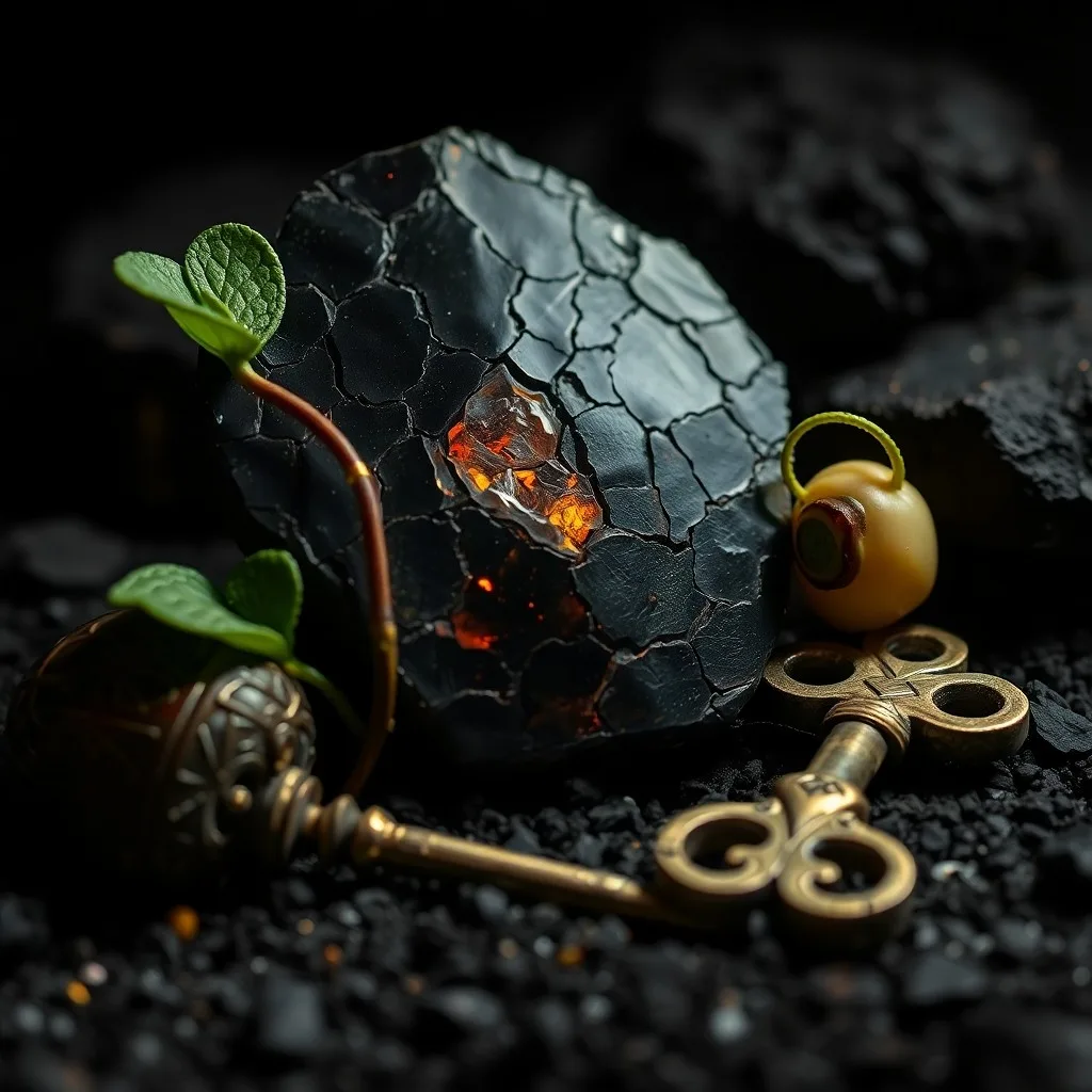 Still life of an ancient book 'Alchemy of Self' surrounded by obsidian stones and a flickering candle, representing deep self-transformation.
