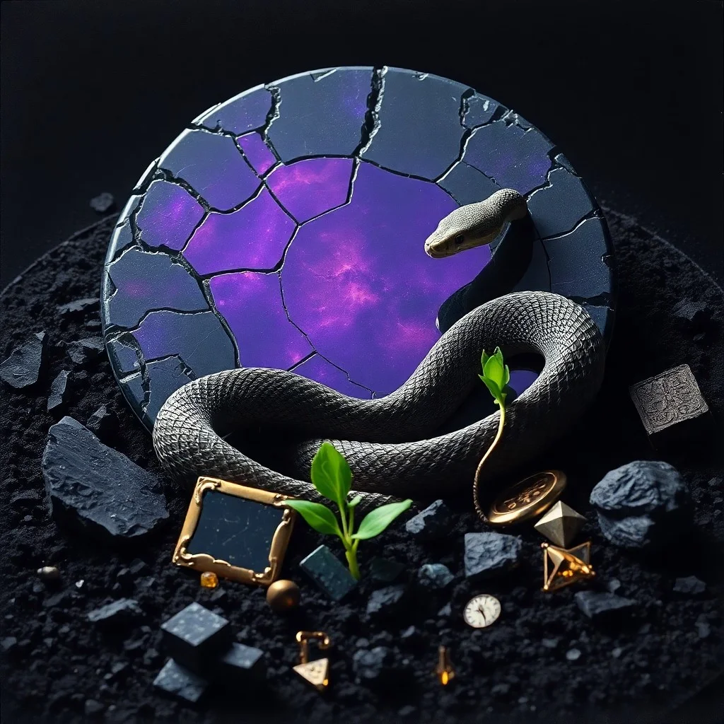 Conceptual art of a shattered mirror reflecting distorted patterns, with a thorny rose vine, depicting the shadow self and introspection.