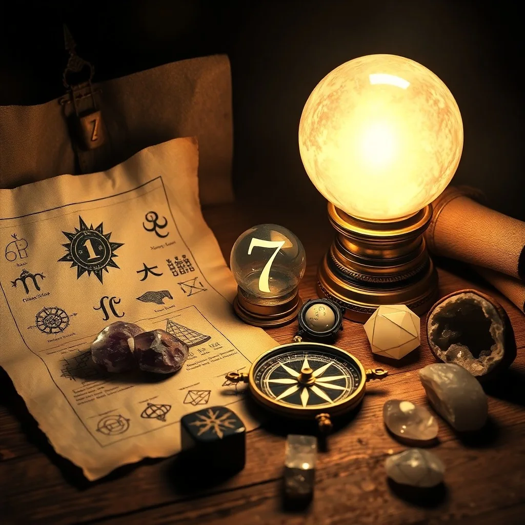 Mesa de trabajo con un diario abierto, números manuscritos, una brújula y una vela, simbolizando la introspección y el rumbo personal.