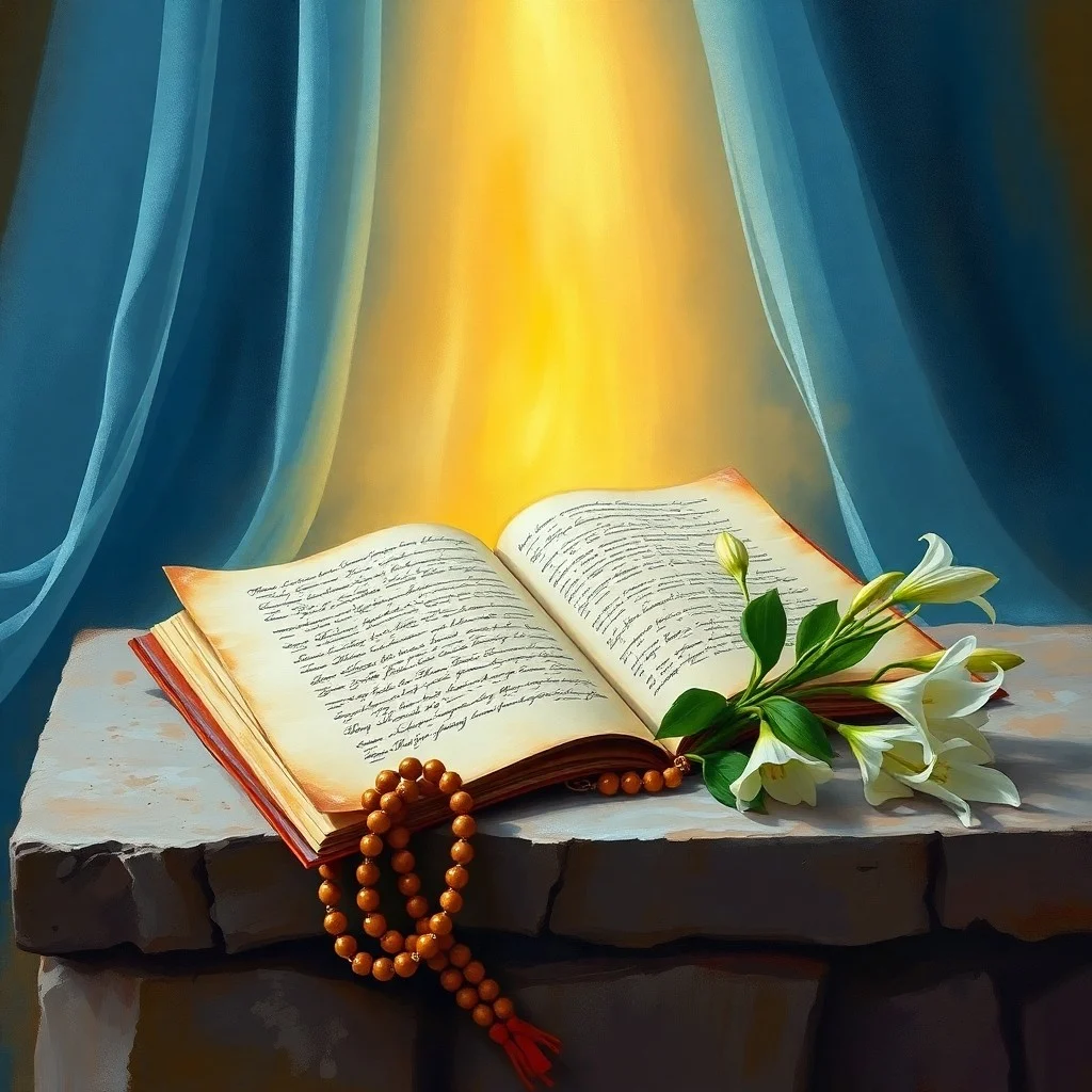 Fotografía de un rosario antiguo sobre un libro de oraciones en un altar de madera, iluminado por una vela parpadeante, evocando solemnidad y recuerdo.