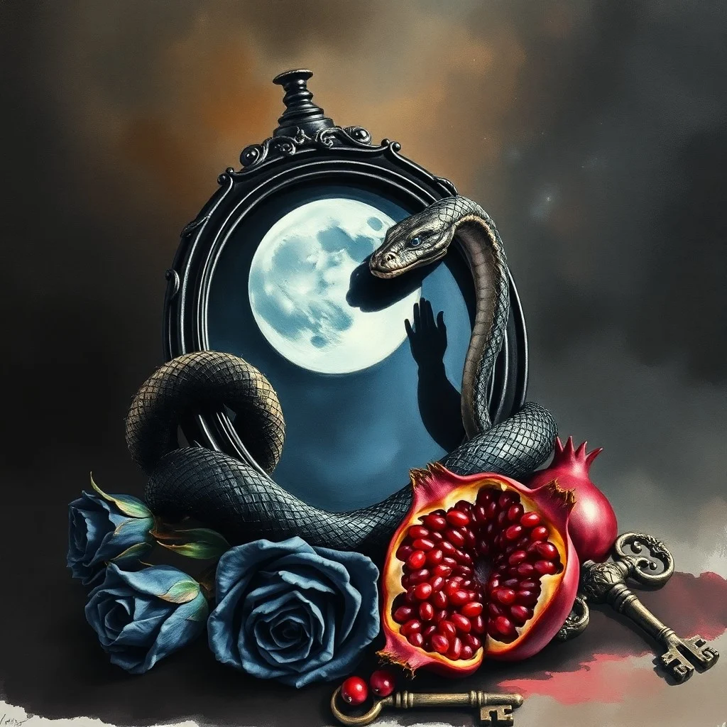 Cinematic still life of a cracked antique mirror reflecting only shadows, placed on a velvet cloth with dried herbs and an unlit black candle, dimly lit by moonlight, symbolizing hidden depths and the unseen aspects of the self.