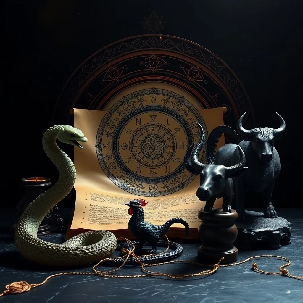 Cinematic Still Life: A meticulously arranged tableau featuring a polished, antique brass compass pointing towards a stylized dragon figurine, a vintage quill pen resting on a parchment with a rooster feather, and a sturdy, hand-carved wooden ox statuette, all bathed in warm, directional light. Extreme close-up macro photography.