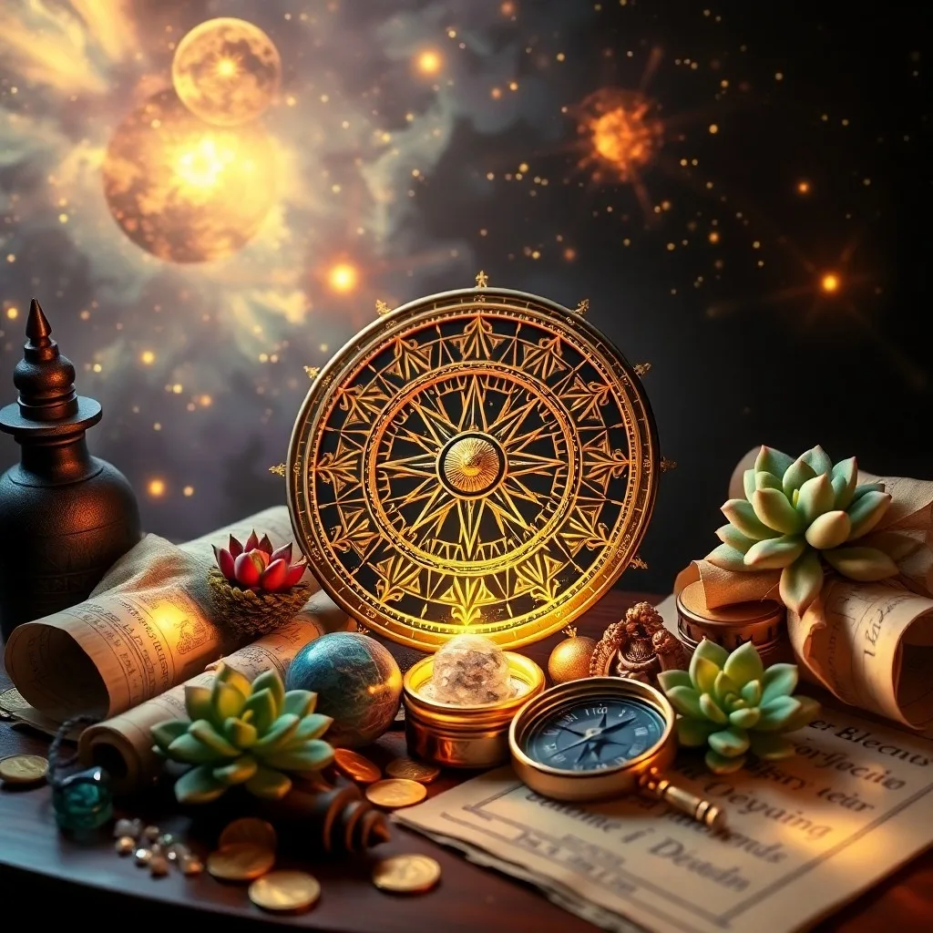 Fotografía macro de un libro de astrología antiguo abierto sobre una mesa de madera, con un compás de latón y monedas de oro, bajo una luz cálida.