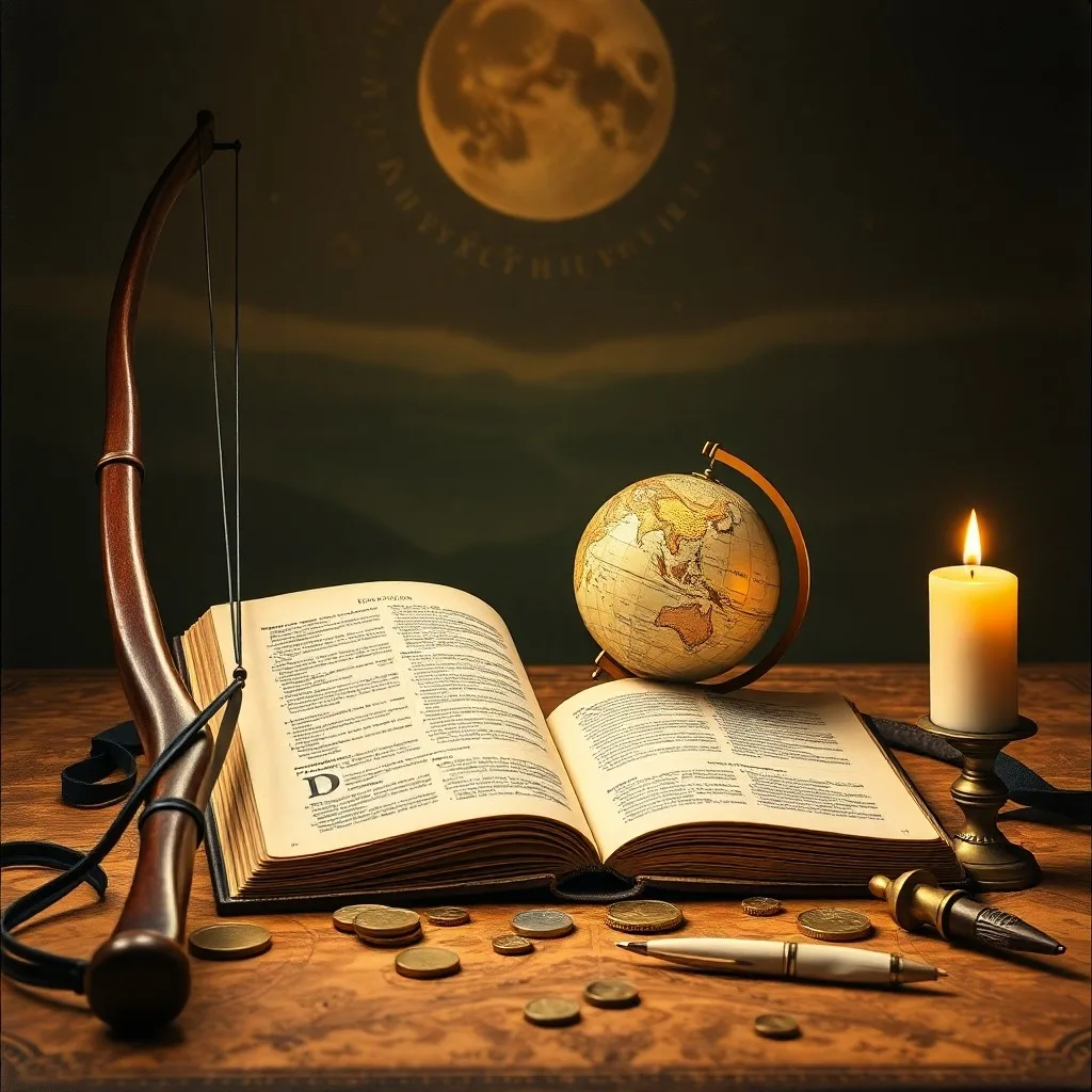 Abstract oil painting of a stack of ancient, weathered books next to a flickering candle, casting long shadows on a textured parchment background. A magnifying glass rests on an open page, revealing intricate symbols.