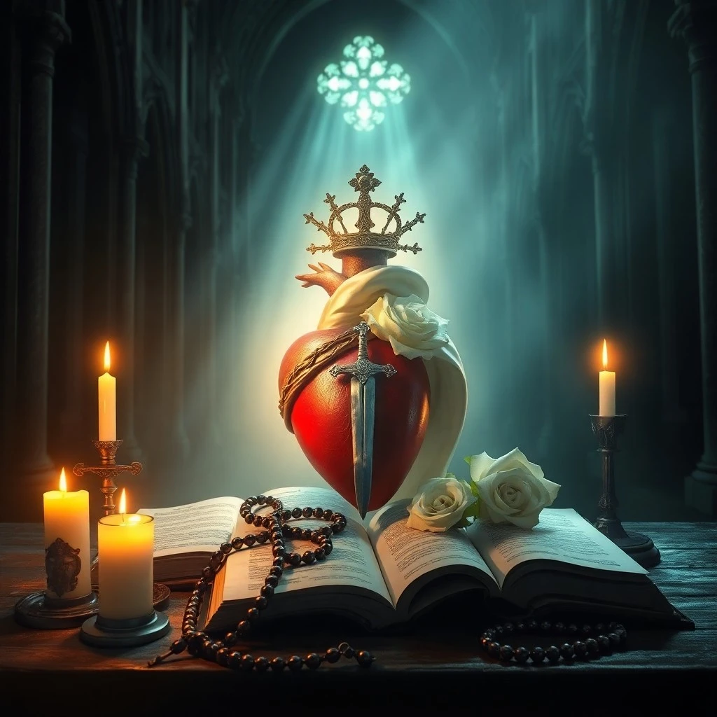 Una corona de espinas sobre un cáliz dorado en un altar de madera, con luz roja sutil.