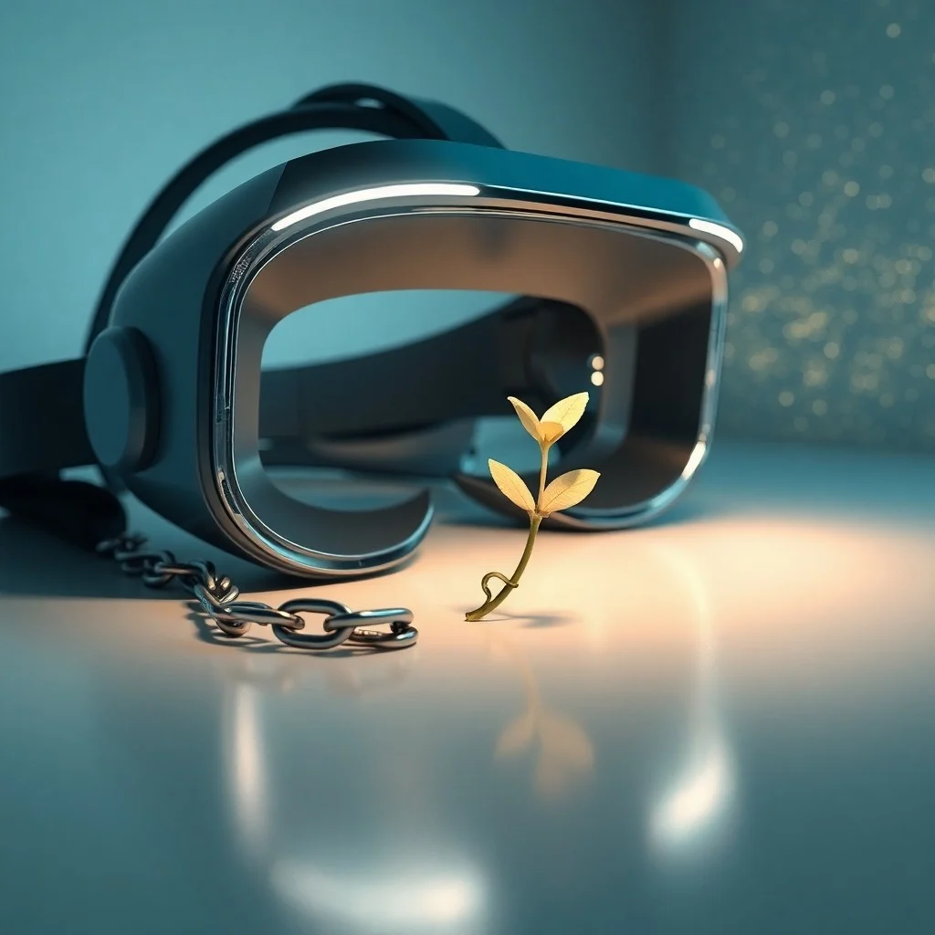 Render 3D de un casco de realidad virtual sobre una mesa de laboratorio, junto a un diagrama de escáner cerebral y visualizaciones de datos, representando la tecnología científica detrás de la TRV.