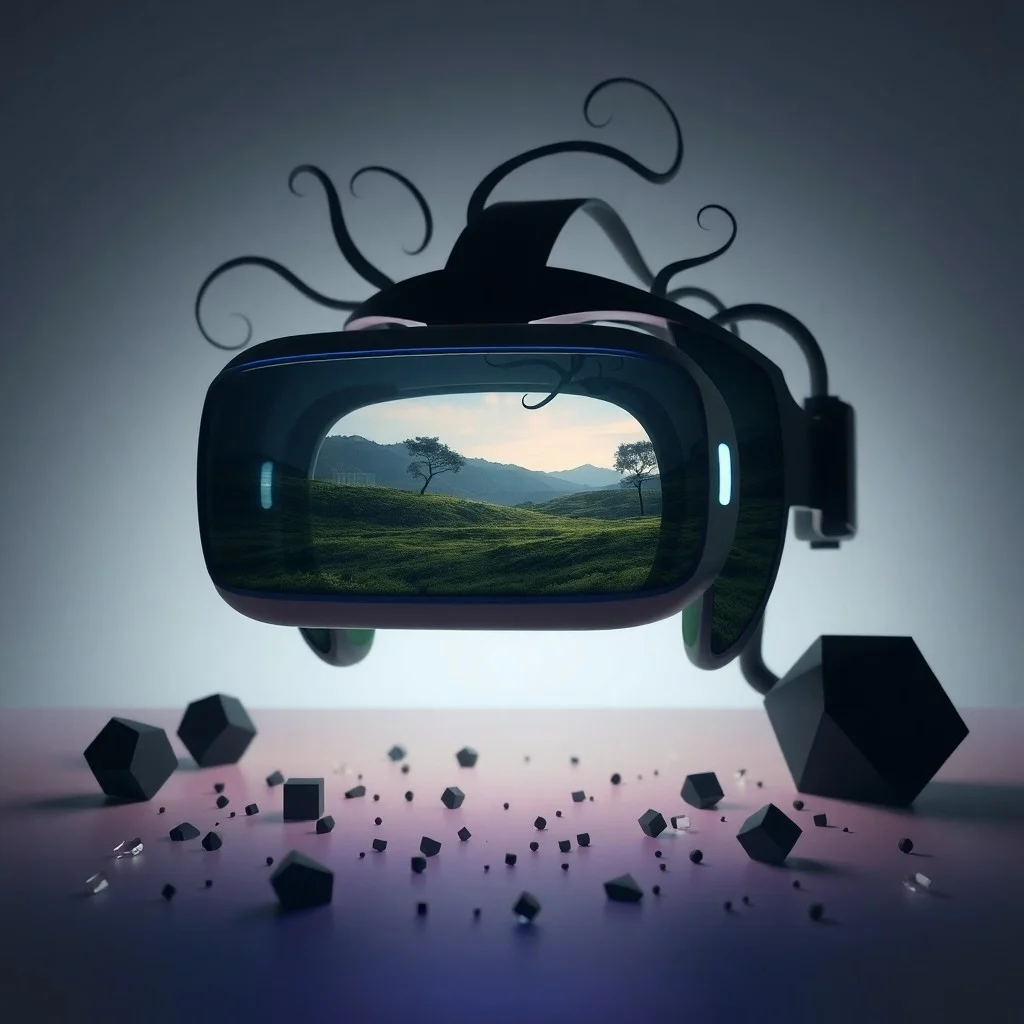 Arte conceptual de un sereno paisaje virtual emergiendo de una esfera de cristal rota, rodeado de luz curativa, simbolizando la superación de la adicción y un nuevo comienzo.