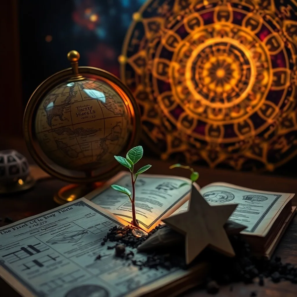 Libro de astronomía abierto con juguete de niño y lupa, bodegón cinematográfico.