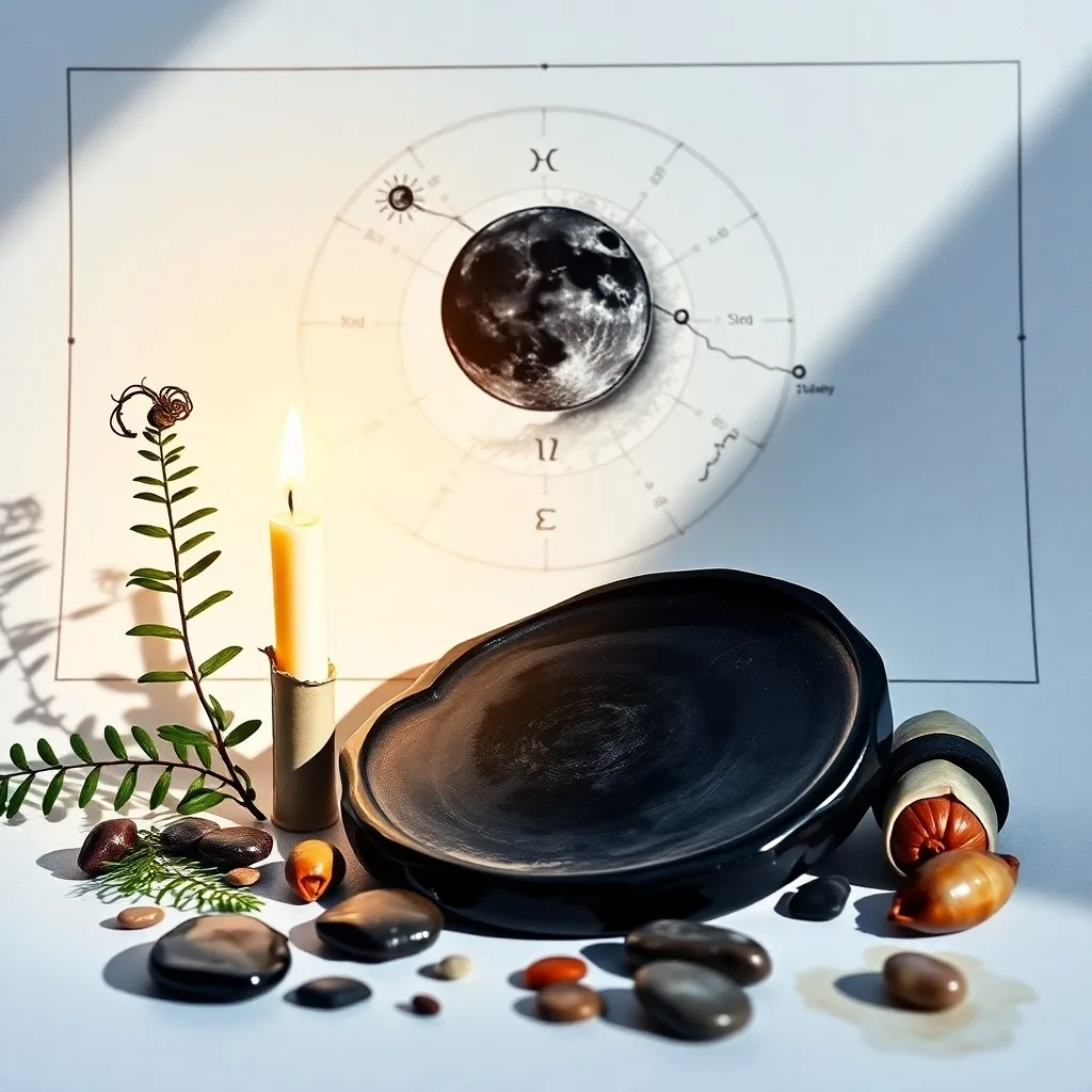 Oil painting of an ancient journal open on a dark wooden desk, with an extinguished candle and a smooth, dark stone, symbolizing deep contemplation.