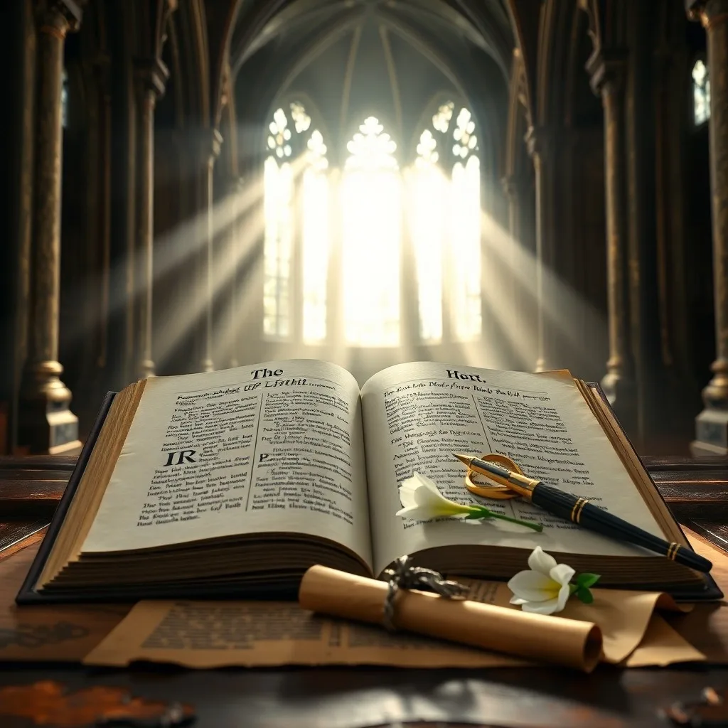 Manuscritos antiguos y pergaminos sobre un escritorio de roble, iluminados por una lámpara de aceite.