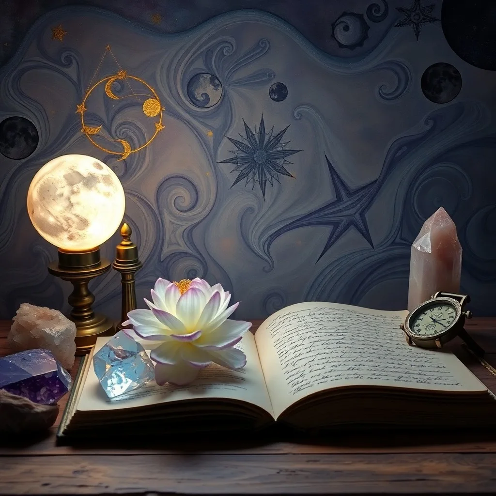 Vintage brass compass on an open journal with astrological symbols, surrounded by dried lavender and a flickering candle.