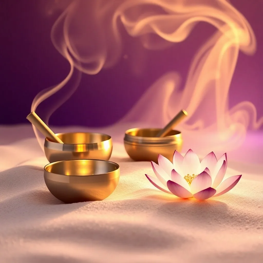 An abstract 3D render depicting intricate sound waves radiating from a central, softly glowing orb. These waves gently dissipate into a calming, pastel-colored mist, visually representing the subtle and profound effects of vibrational therapy on cellular structures. The image features smooth gradients and a soft focus, with high detail. No humans, faces, or people are present.