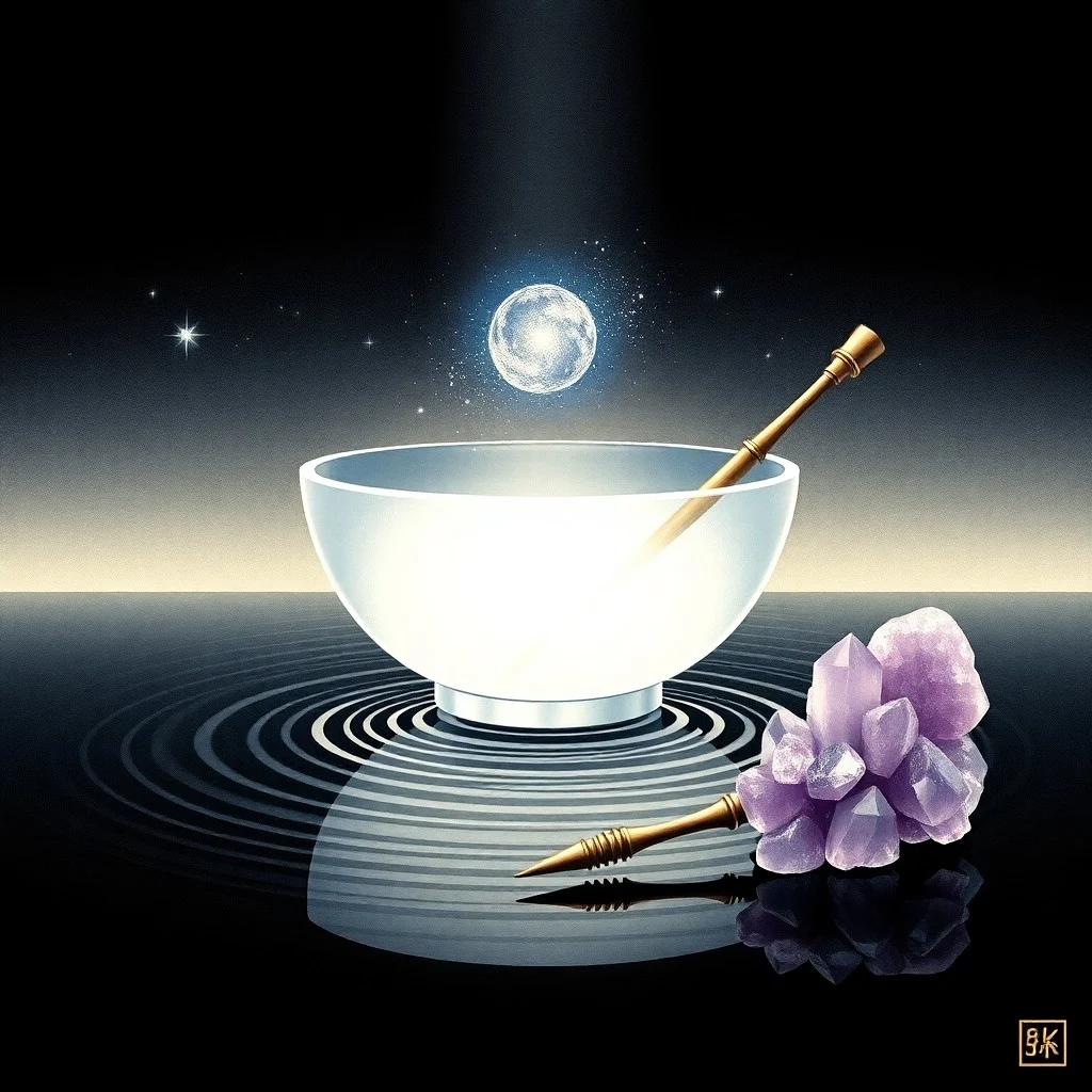 A minimalist watercolor painting depicting a human silhouette in a meditative pose within a serene, abstract landscape. Gentle, flowing lines of sound energy in soft blues and greens elegantly envelop the figure, conveying a peaceful and abstract atmosphere. No humans, faces, or people are present.