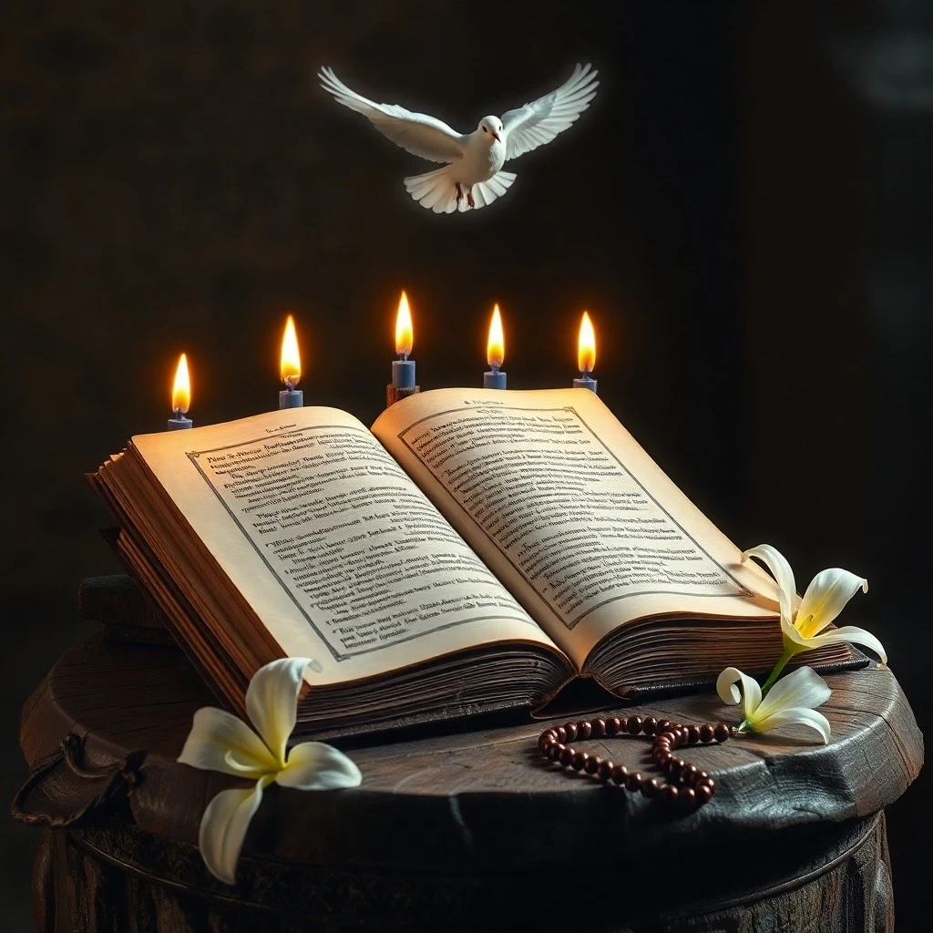 Siete orbes de luz de colores sutiles formando una espiral sobre un estanque reflectante en una cámara sagrada.