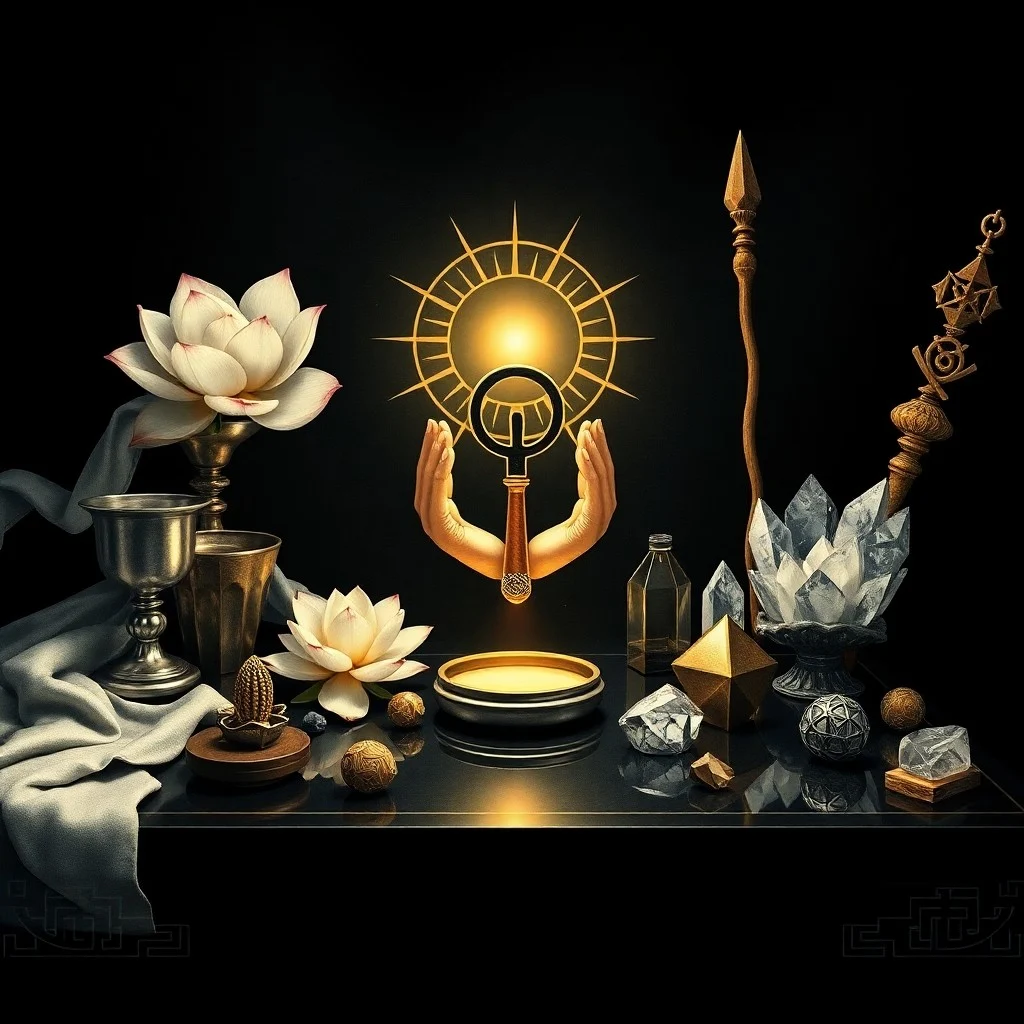 Cinematic still life featuring a delicate, open lotus flower on a smooth, dark stone, surrounded by gentle mist and soft, warm lighting, symbolizing intuition. Adjacent is a sharp, polished crystal pyramid emitting a subtle glow, representing structure and action, all on a minimalist wooden surface.