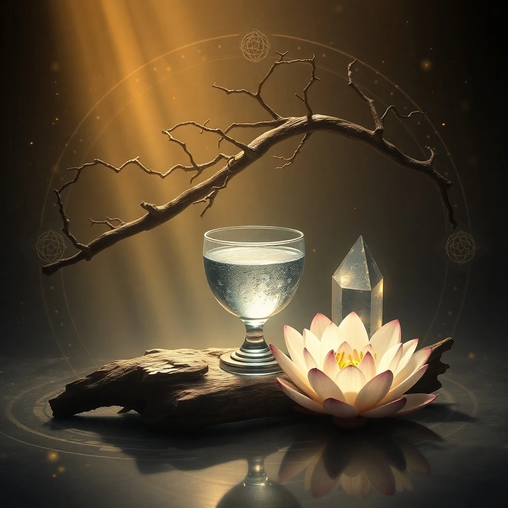 Watercolor painting of an ancient, weathered scroll unfurling to reveal symbols of yin and yang, floating above a calm, reflective pool of water, surrounded by sparse, elegant bamboo shoots, in muted earth tones and soft blues.