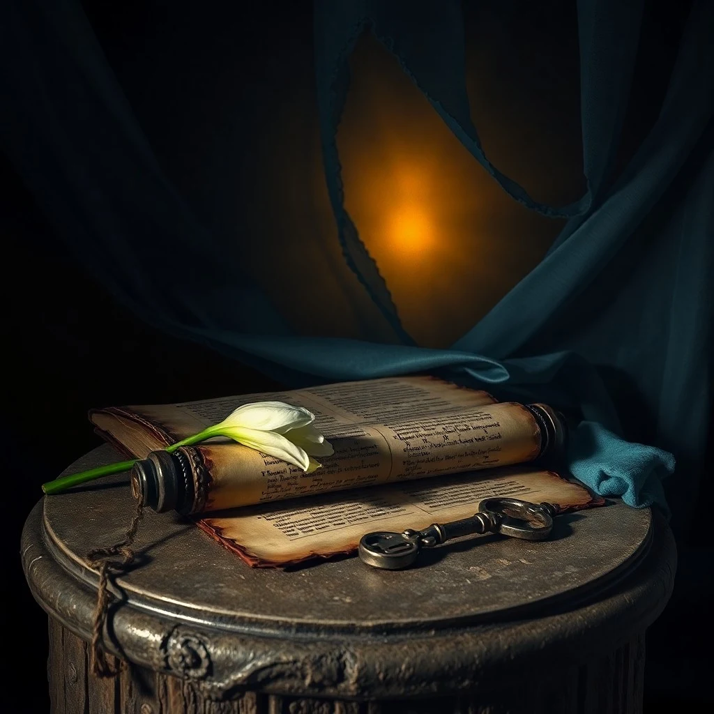 Pintura al óleo de una vela solitaria iluminando un pergamino antiguo con escritura, rodeado de pétalos de rosa y un crucifijo, simbolizando el legado espiritual y la reflexión sobre los misterios de Fátima.