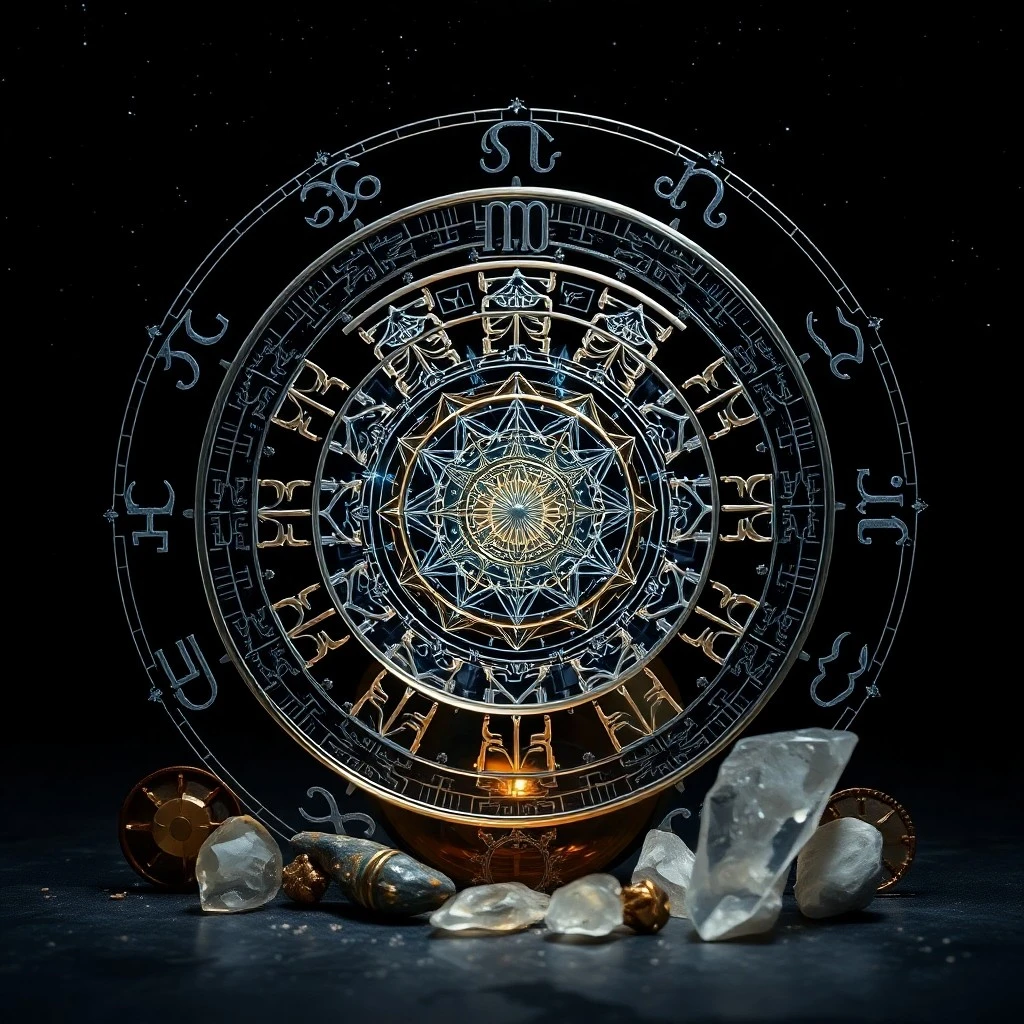 Antique brass astrolabe resting on a velvet cloth, surrounded by scattered, aged parchment scrolls with faint astrological glyphs, a single beam of moonlight illuminating the scene, shallow depth of field, rich textures, dark academia aesthetic.