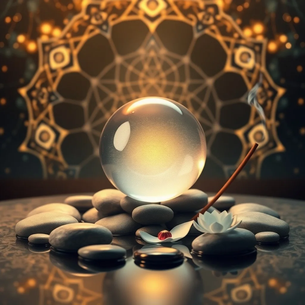 Primer plano de objetos de Feng Shui: piedra de río, planta de jade, estatua de Buda de latón y esfera de cristal.