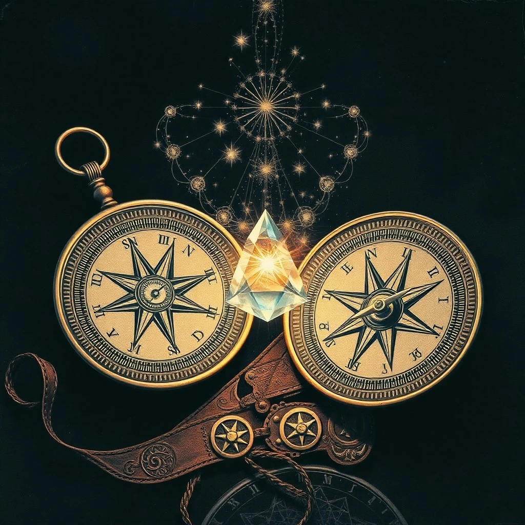 Cinematic still life of two antique compasses perfectly aligned on a weathered map, symbolizing destined paths.