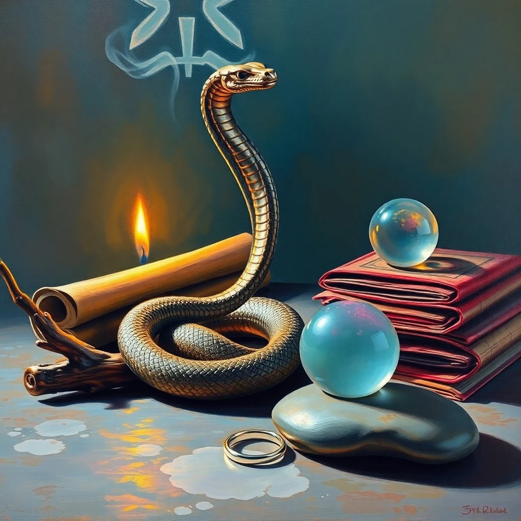 Arte conceptual de dos formas abstractas entrelazadas, una serpenteante, con energías elementales fluyendo entre ellas, simbolizando la compatibilidad romántica.