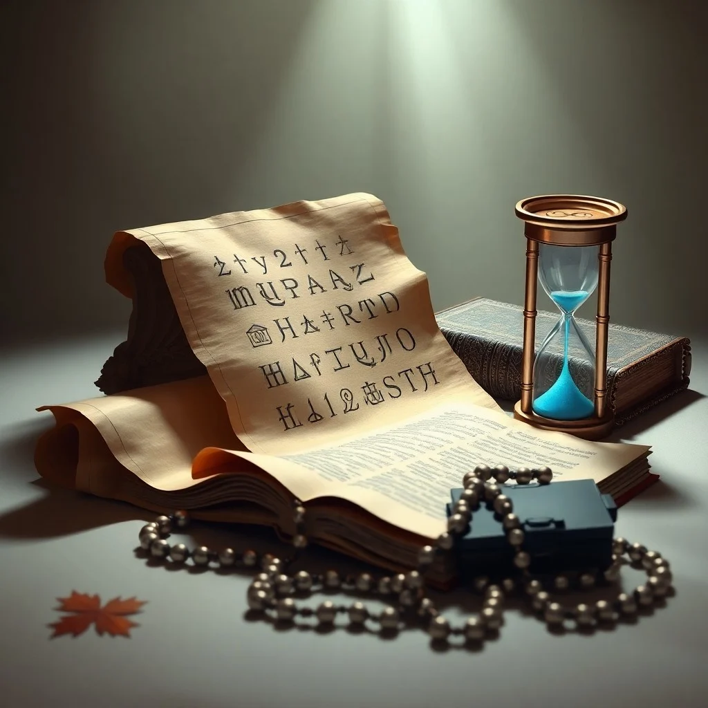Reloj de arena roto, arena cayendo en un vacío cósmico, engranajes fragmentados, luz púrpura y dorada, simbolizando el fin del tiempo y la desintegración de estructuras terrenales.