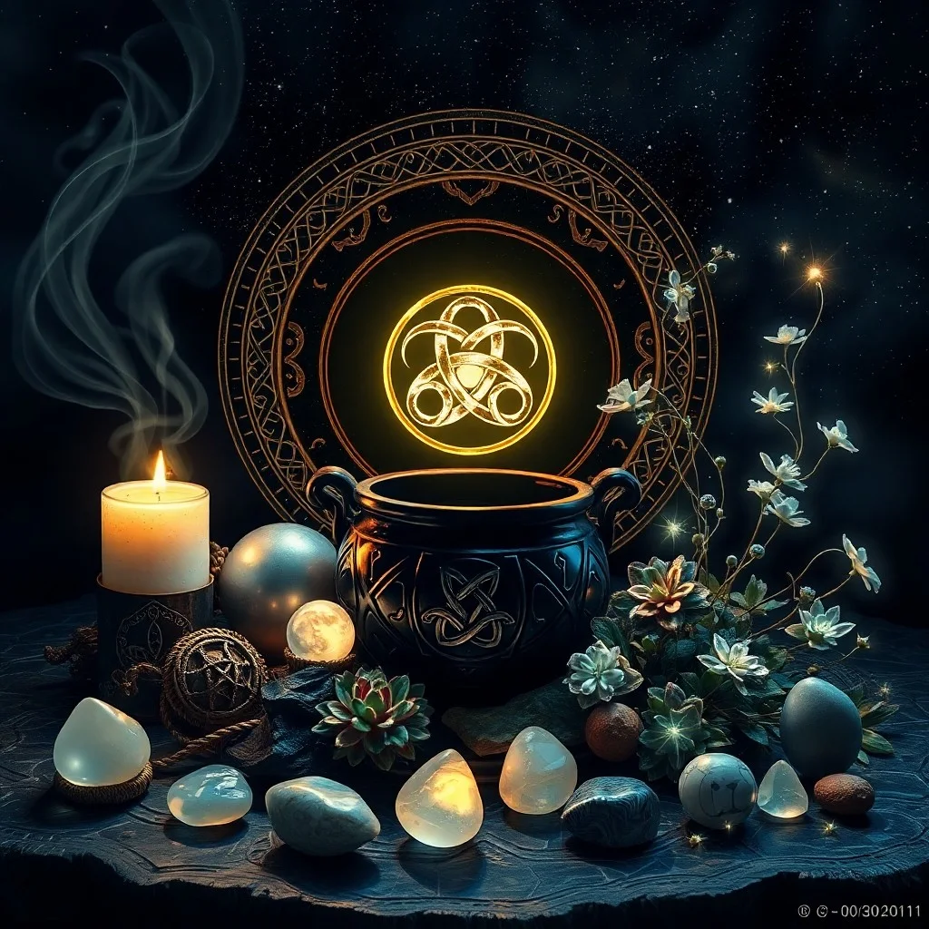 Bodegón cinematográfico de un altar de piedra antiguo con un cáliz de plata, hierbas secas, una pluma blanca y una figurilla de madera femenina. Iluminación dramática y texturas ricas.