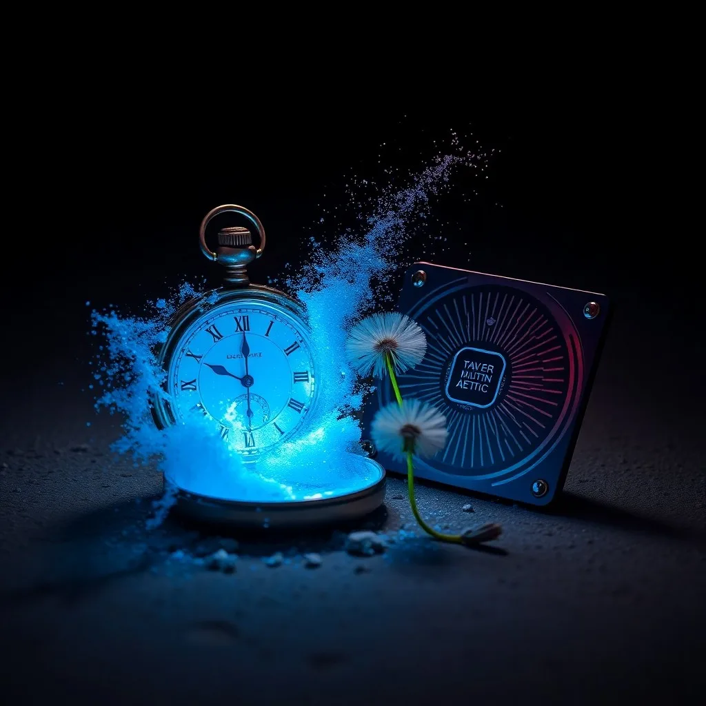 Still life of a shattered antique pocket watch with exposed gears and glowing puzzle pieces, symbolizing sudden shifts and breakthroughs.