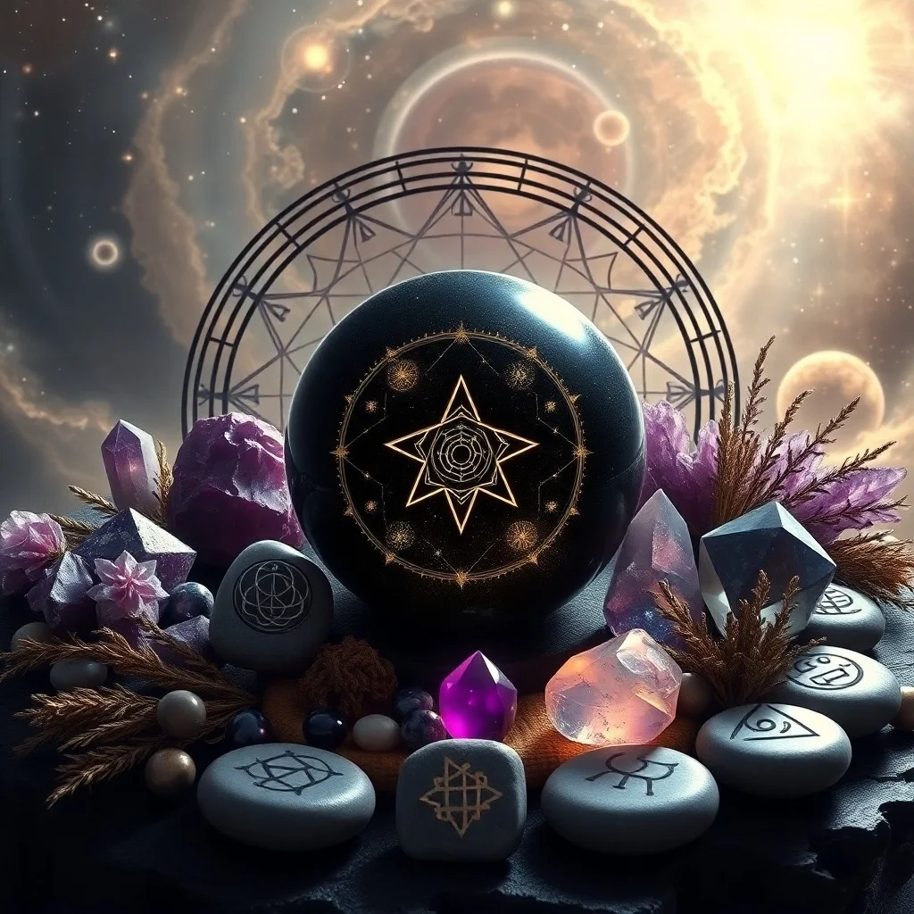 Still life photograph of an antique brass astrolabe on velvet, surrounded by polished gemstones and subtle starlight, symbolizing ancient wisdom and cosmic alignment.