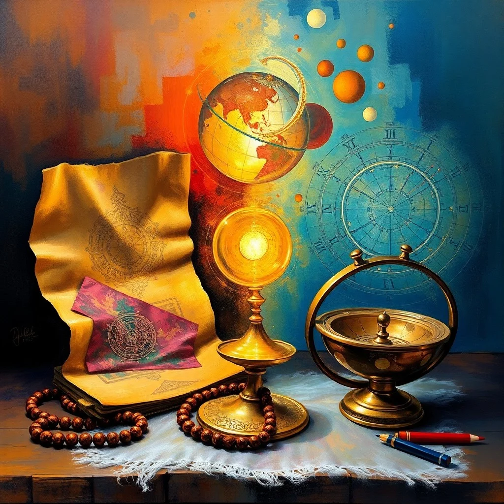 Ancient astrological tools, astrolabe, crystal spheres, quill, parchment