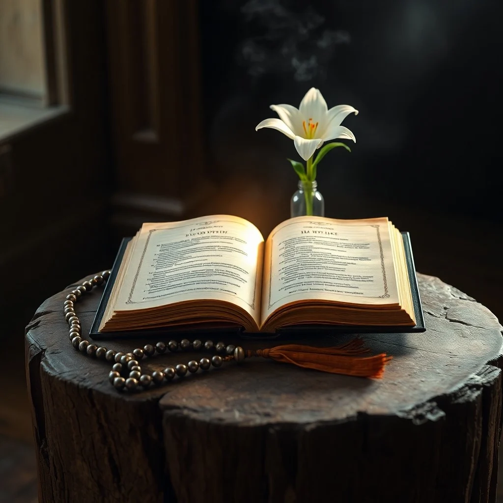 Biblia antigua abierta, rosario y pluma sobre mesa rústica.
