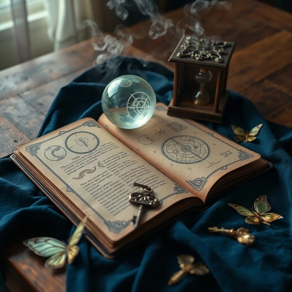 A vintage leather-bound dream journal open on a mahogany desk, illuminated by moonlight, with an antique hourglass and quill pen.