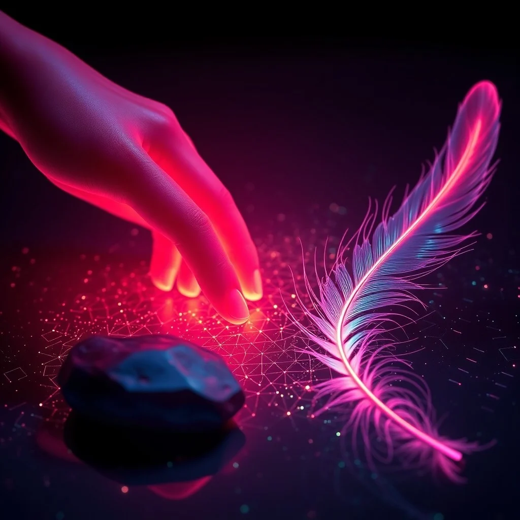 Red abstracta y luminosa de nodos interconectados que representan el flujo de información sensorial en un espacio oscuro, evocando el futuro de la interacción háptica.