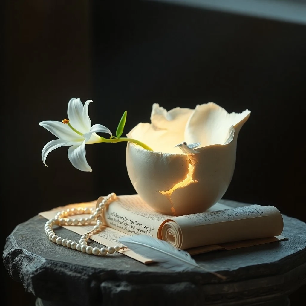 Libro de oración antiguo sobre una mesa rústica con una vela encendida y una rosa blanca seca.