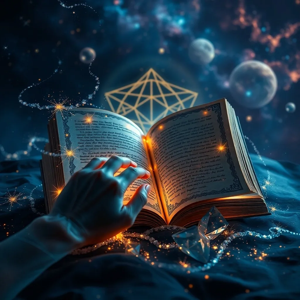 Un antiguo diario de cuero abierto sobre un escritorio de madera, rodeado de cristales brillantes y una vela parpadeante, con patrones de energía que emanan de sus páginas, evocando los secretos de los Registros Akáshicos.