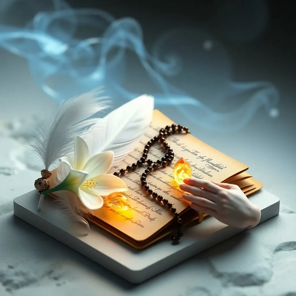 Libro abierto con páginas que giran suavemente, revelando símbolos caligráficos que emanan un resplandor dorado, simbolizando la sabiduría y los mensajes divinos.