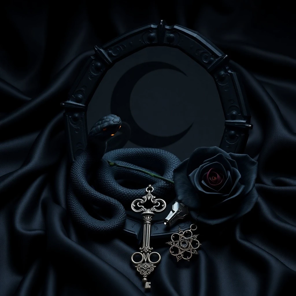 Cinematic still life of an antique grimoire open to astrological diagrams, with a silver crescent moon amulet and dark crystals on a wooden table, lit by a flickering candle.