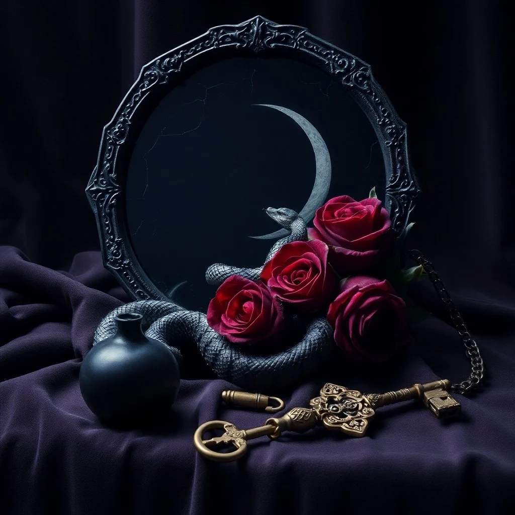 Conceptual art of a shattered mirror reflecting distorted astrological symbols and a swirling vortex of dark energy, arranged on velvet cloth with a cosmic background.