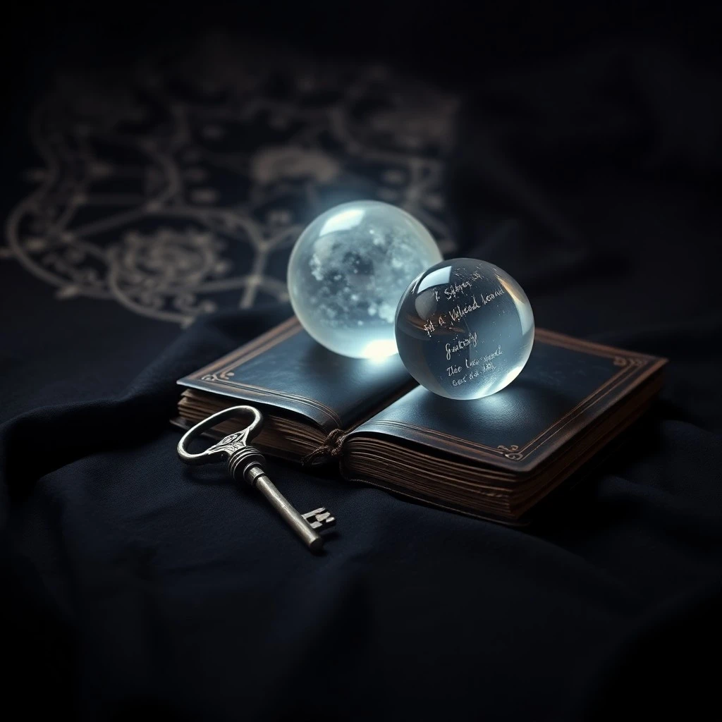 A solitary, ancient library filled with glowing, forgotten books and scrolls, bathed in soft, moonlit shadows. A single, ornate key lies on a dusty tome, symbolizing hidden knowledge and secrets.