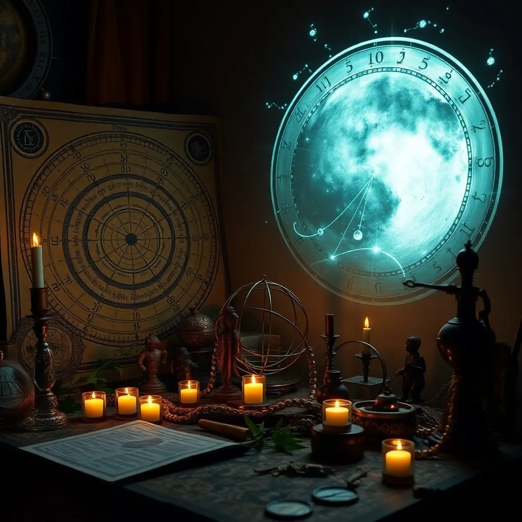 Primer plano de hierbas, cristales y una vela, elementos rituales esotéricos.