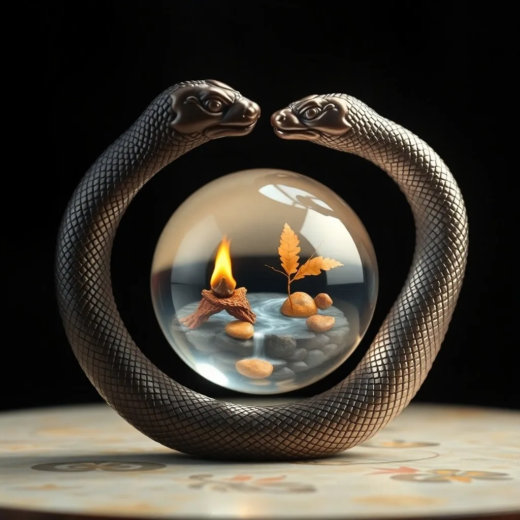 Cinematic still life photograph of two antique, carved wooden snake figurines facing each other, separated by a glowing crystal. Around them are symbolic elements like a water droplet, earth, and smoke, all dramatically lit.