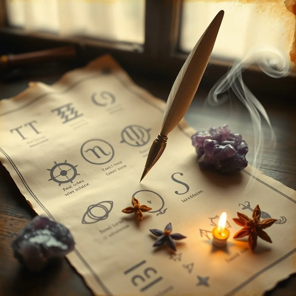 Desk with antique journal, crystal ball, dried herbs, lit candle, dimly lit room, macro photography.