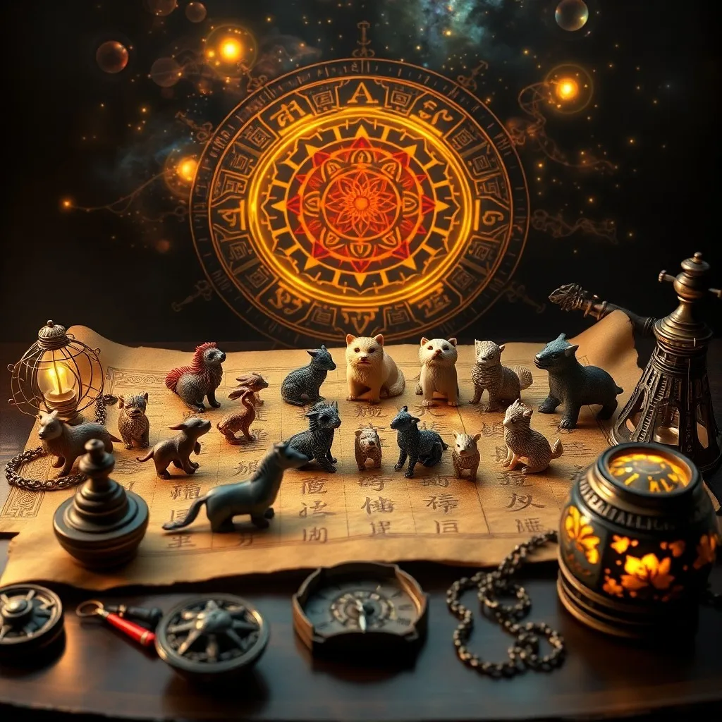 Pintura acuarela de los cinco elementos chinos (madera, fuego, tierra, metal, agua) representados con símbolos naturales, rodeando sutilmente las siluetas de los animales del zodiaco.