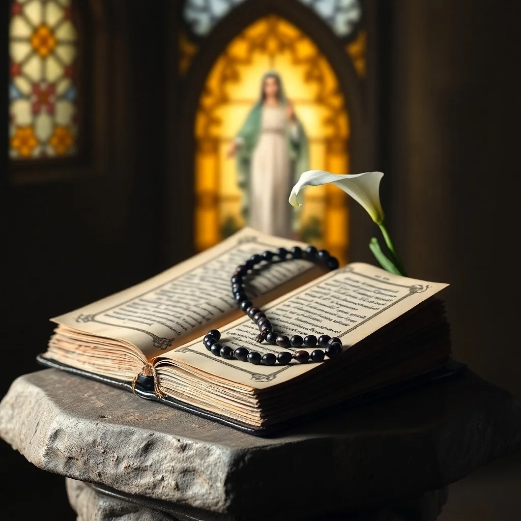 Manuscritos iluminados en un altar, con una vela encendida