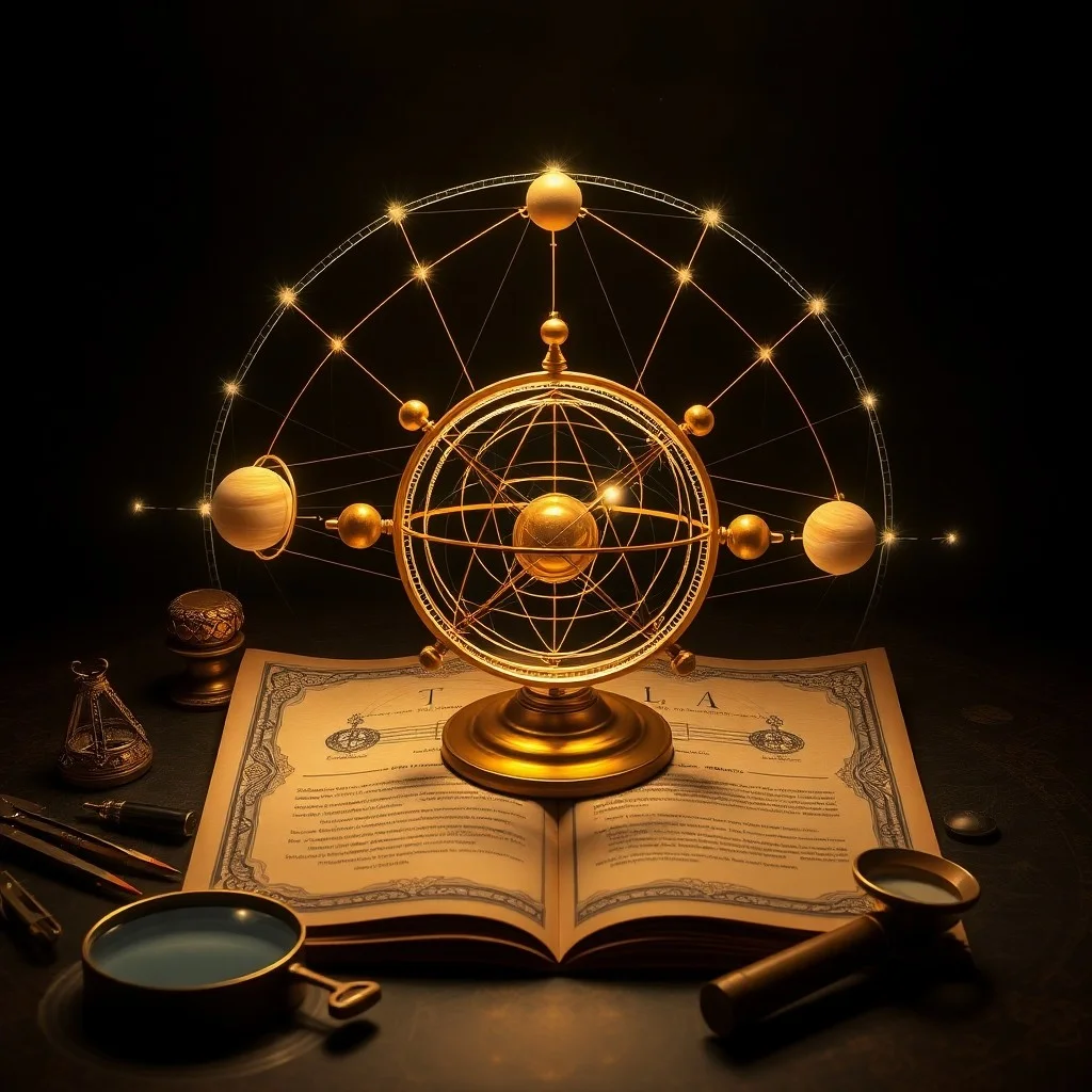 Macro photography of an antique brass astrolabe on aged parchment with astrological symbols and a quill pen.