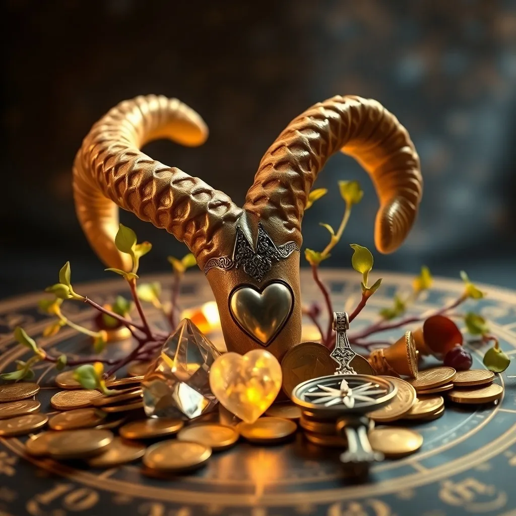 Renderizado 3D de monedas de oro apiladas junto a un árbol de la vida de alambre brillante, sobre un escritorio futurista con una proyección holográfica de un gráfico de crecimiento.